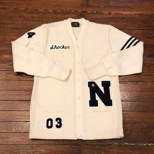 Skookum Letterman Sweater 100% Virgin Wool crème cardigan Sweater size 44 RARE!